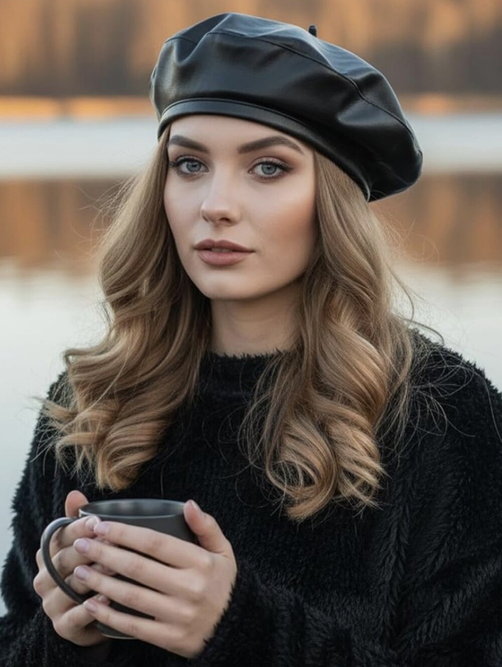 Black Vegan Leather Beret for Women -Classic French Style